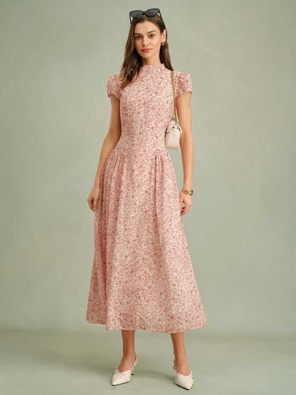 Rihoas Pink Mock Neck Floral Maxi Dress